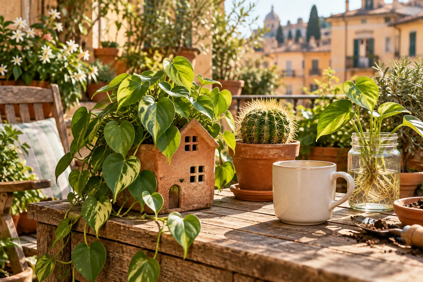 Piante in terracotta, un cactus e talee su un tavolo di legno al sole.
