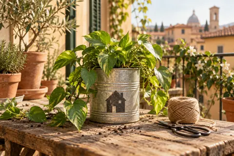 Una lattina trasformata in un vaso per pothos.